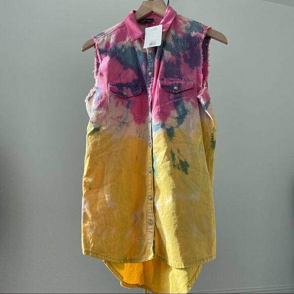 TOPSHOP NWT Unique Tie Dye Cutoff Vest Jacket Top 4 Small - Picture 1 of 10